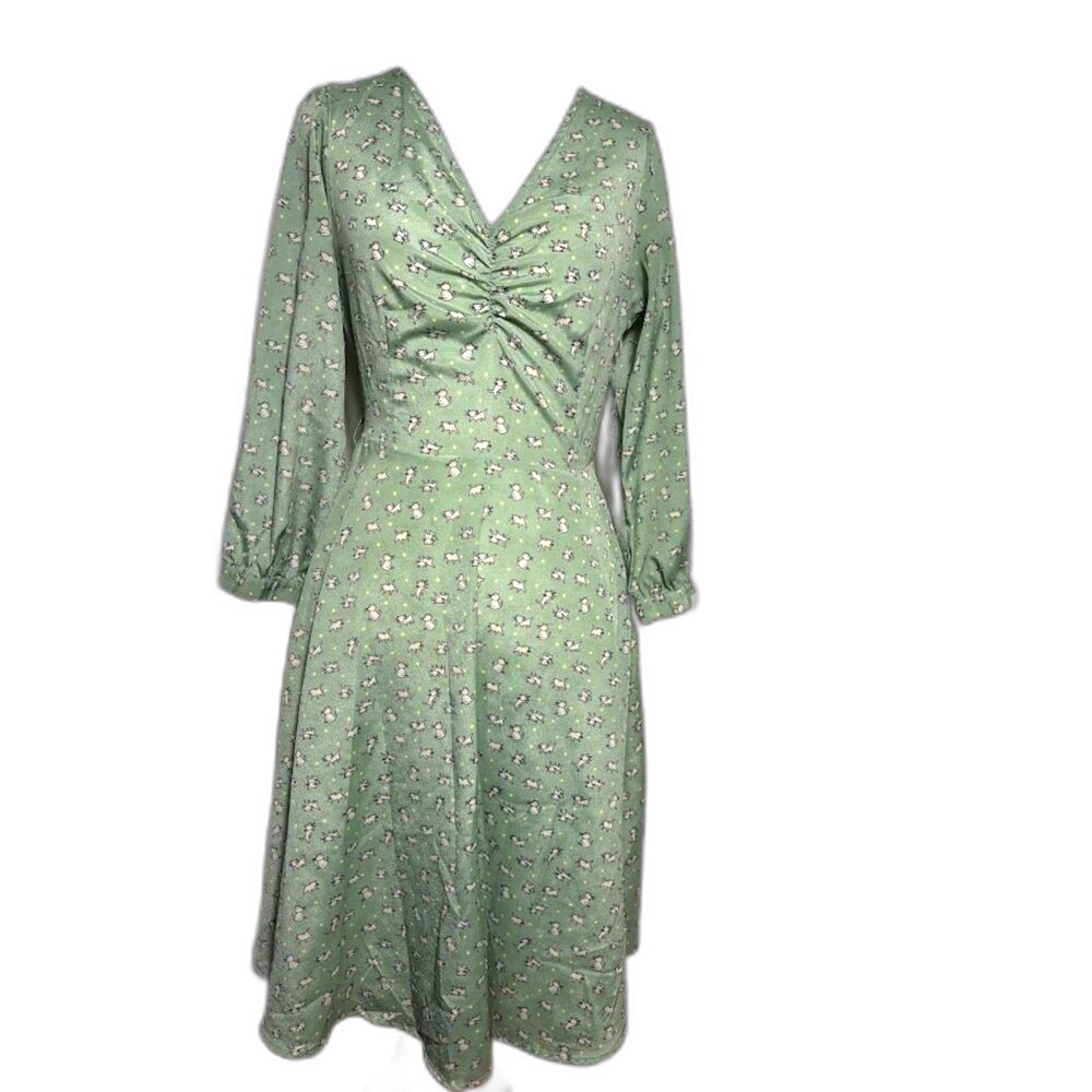 Moon Collection Dress Cat Print Mint Green Keyhole back Twee Kitten Retro Small